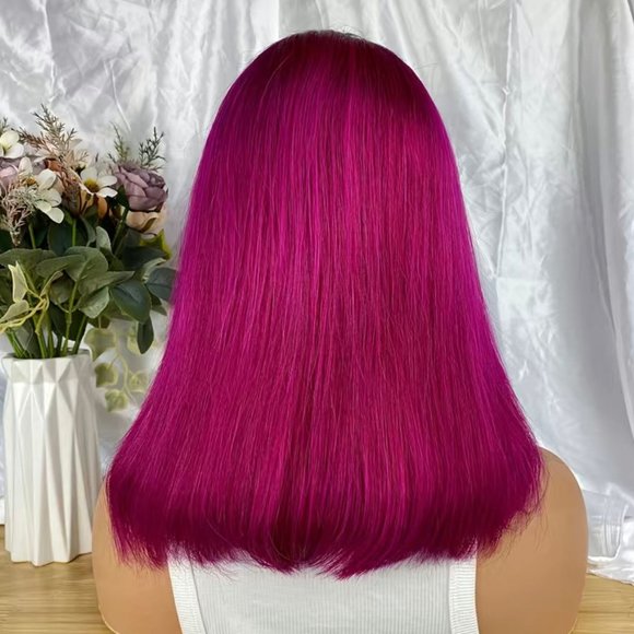Ombré 13x4 Lace Frontal Remy Human Hair Bob Wig in Pink - Picture 3 of 6